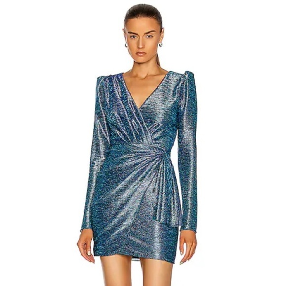 PATBO Blue Metallic Faux Wrap Long Sleeve V-Neck Mini Dress EUC Size 4 - Picture 1 of 9